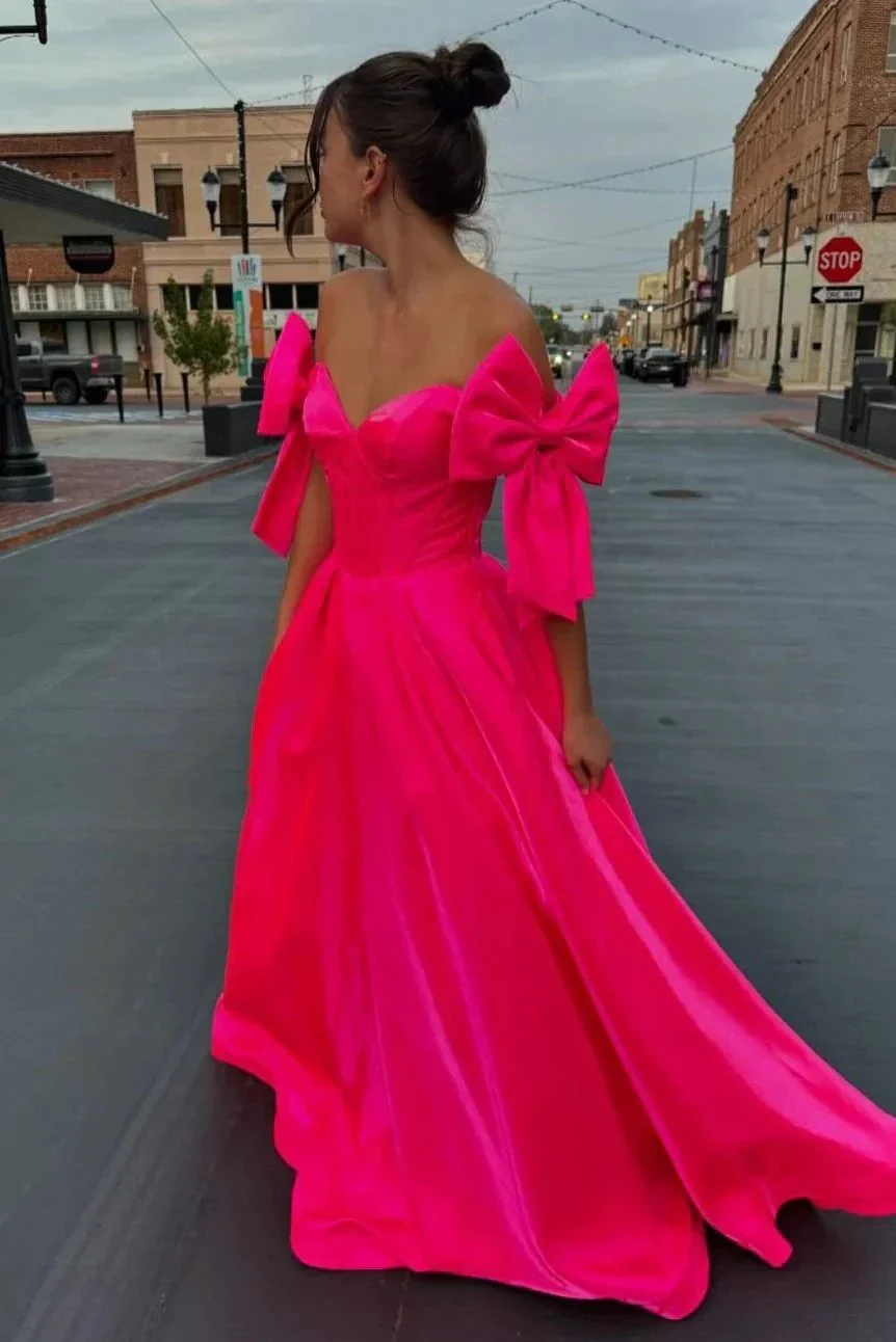 Shanty | A-Line Off-Shoulder Bow Pleated Long Prom Dress - Image 3