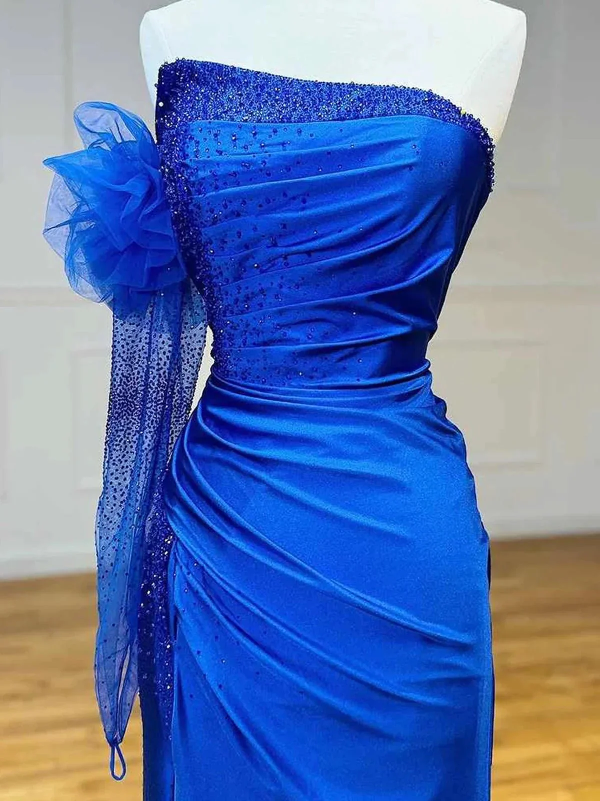 Sharice | Mermaid Strapless Beaded Ruched Long Prom Dress with Sleeve - Image 2