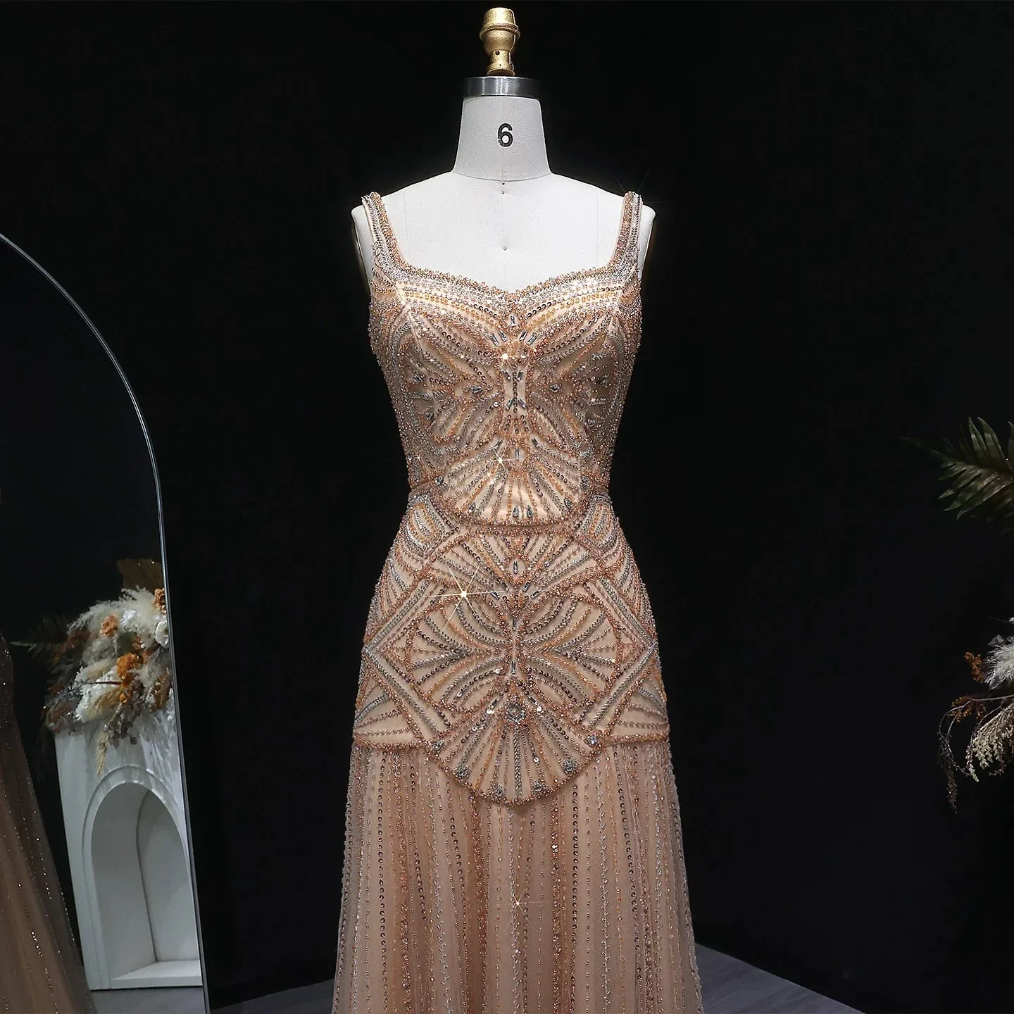 Champagne Beaded Mermaid Evening Dress Luxury Saudi Wedding Gown Customized - Image 14