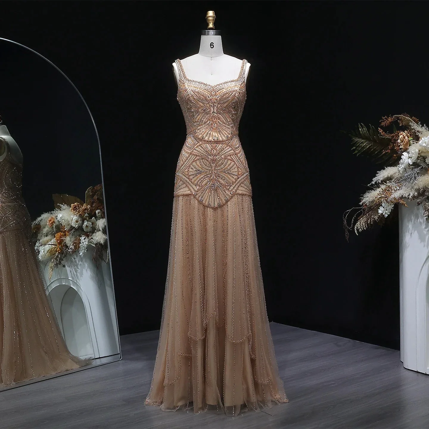 Champagne Beaded Mermaid Evening Dress Luxury Saudi Wedding Gown Customized - Image 2
