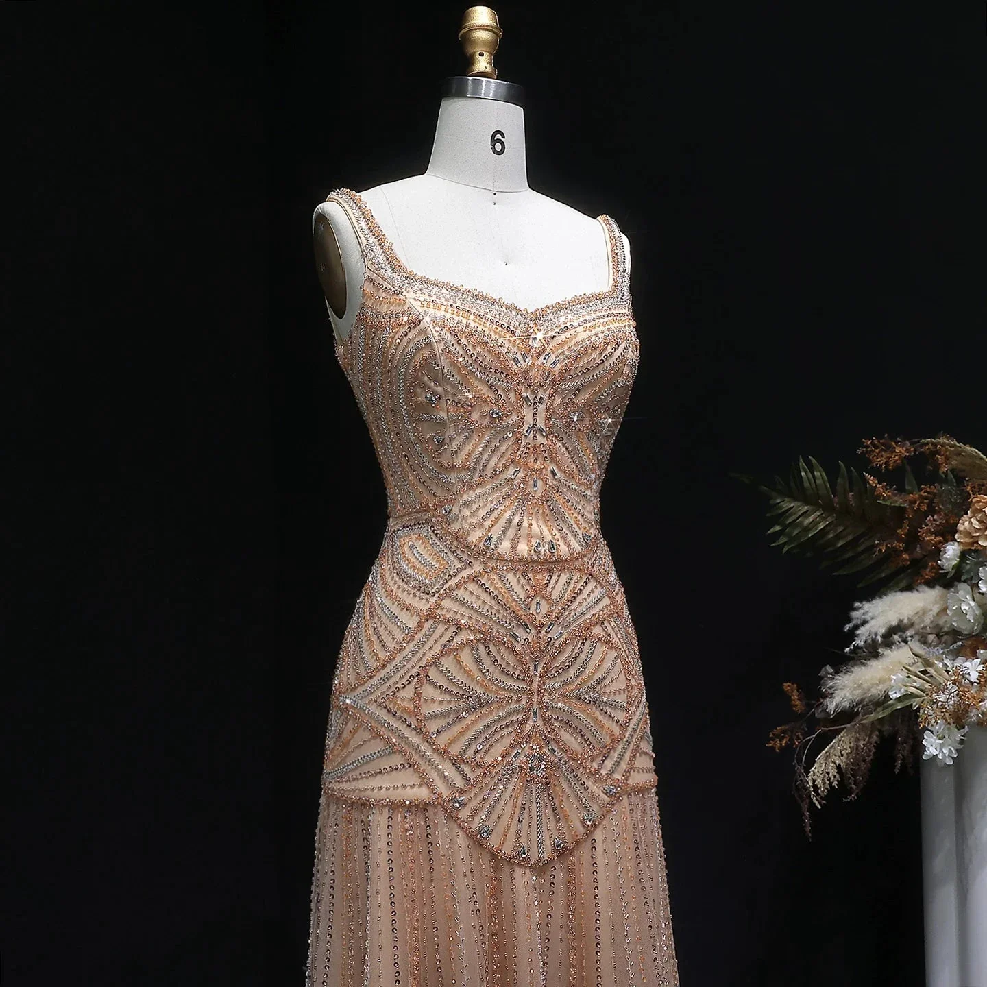 Champagne Beaded Mermaid Evening Dress Luxury Saudi Wedding Gown Customized - Image 3