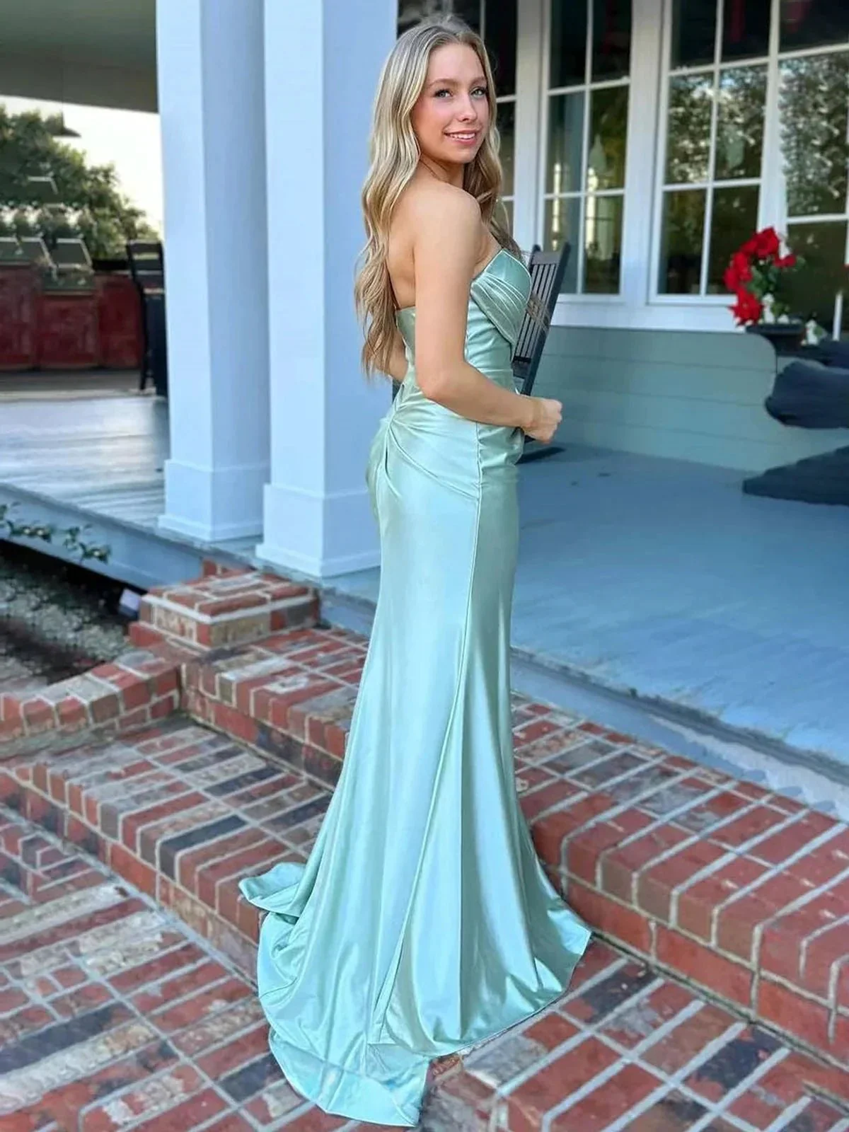 Shayna | Mermaid Pleats Strapless Black Long Prom Dresses with Slit - Image 4