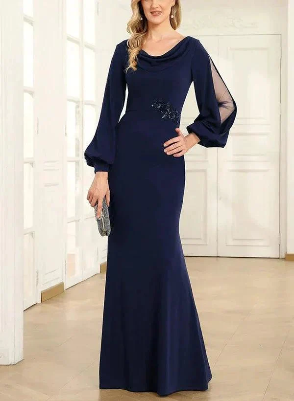Sheath/Column Cowl Neck Long Sleeves Floor-Length Mother of the Bride Dresses - Image 4