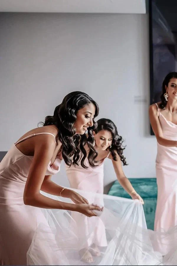 Sheath/Column Cowl Neck Spaghetti Straps Long Bridesmaid Dresses  BD101 - Image 3