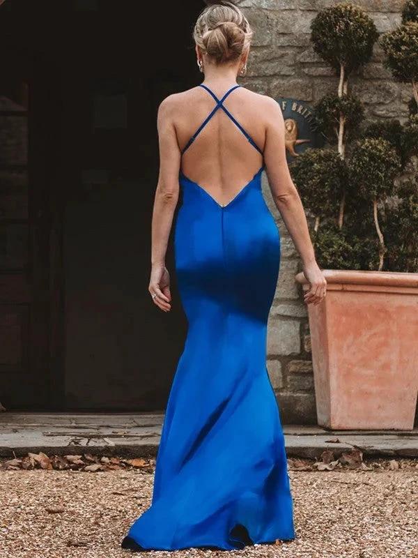 Sheath/Column Elastic Woven Silk like Satin Ruched Sleeveless V-neck Prom Dresses - Image 3