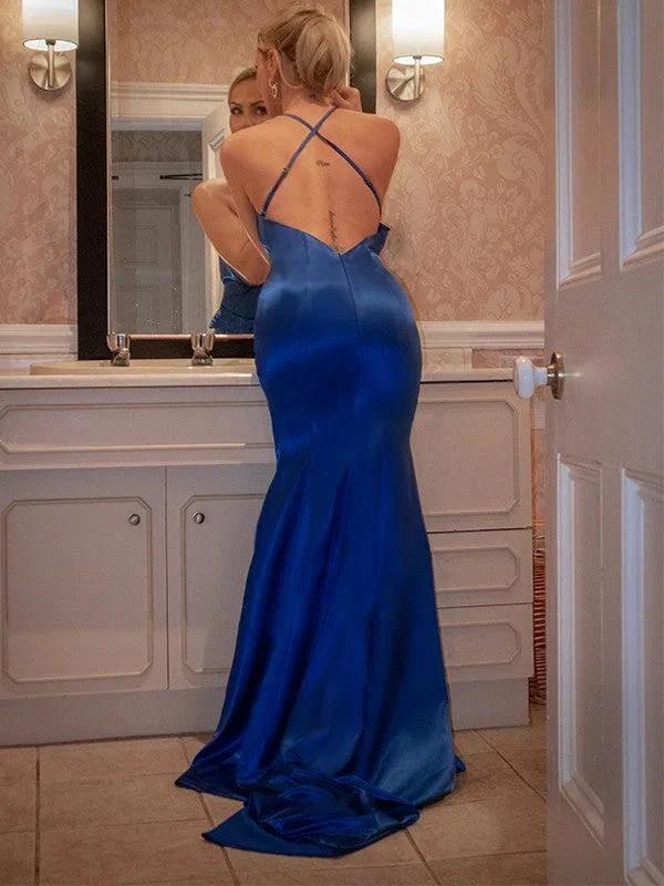 Sheath/Column Elastic Woven Silk like Satin Ruched Sleeveless V-neck Prom Dresses - Image 5