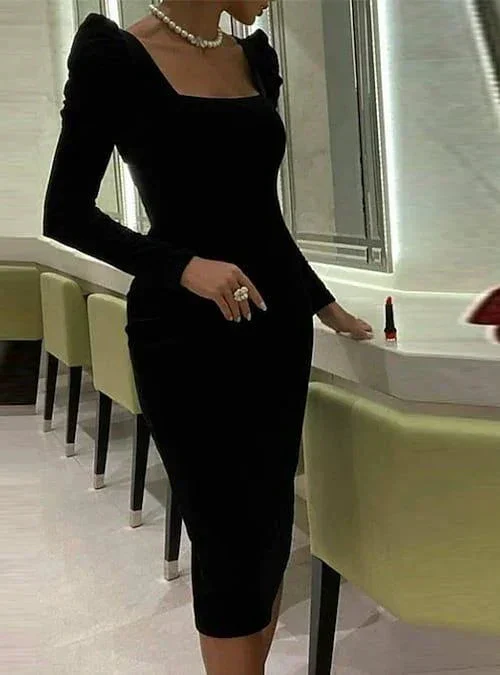 Sheath Column Elegant Sexy Cocktail Party Dress Square Neck Long Sleeve Knee Length Short Prom Dress Y4194 - Image 2
