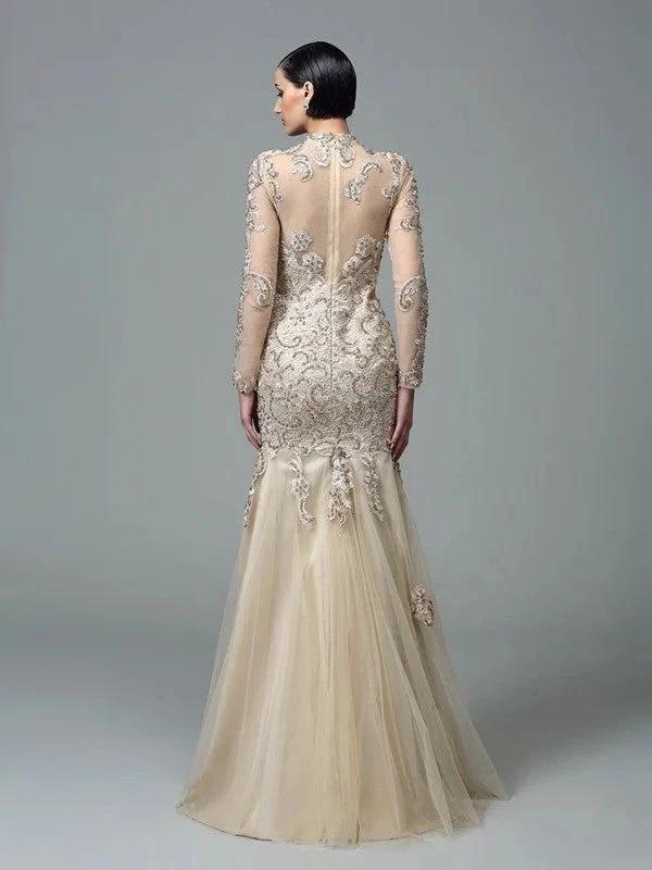 Sheath/Column High Neck Applique Long Sleeves Long Net Prom Dresses - Image 2