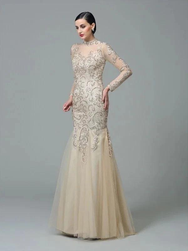 Sheath/Column High Neck Applique Long Sleeves Long Net Prom Dresses - Image 3