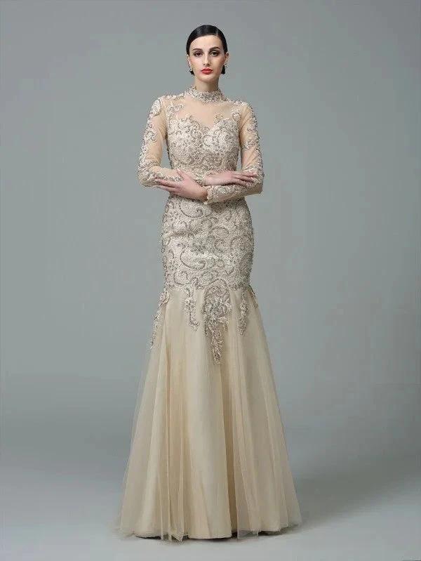 Sheath/Column High Neck Applique Long Sleeves Long Net Prom Dresses - Image 4