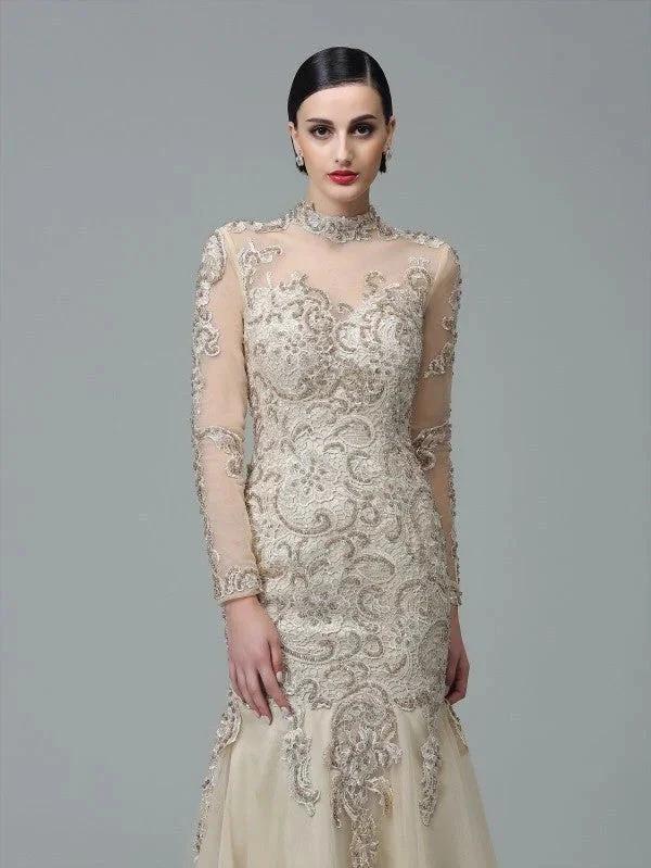Sheath/Column High Neck Applique Long Sleeves Long Net Prom Dresses - Image 5
