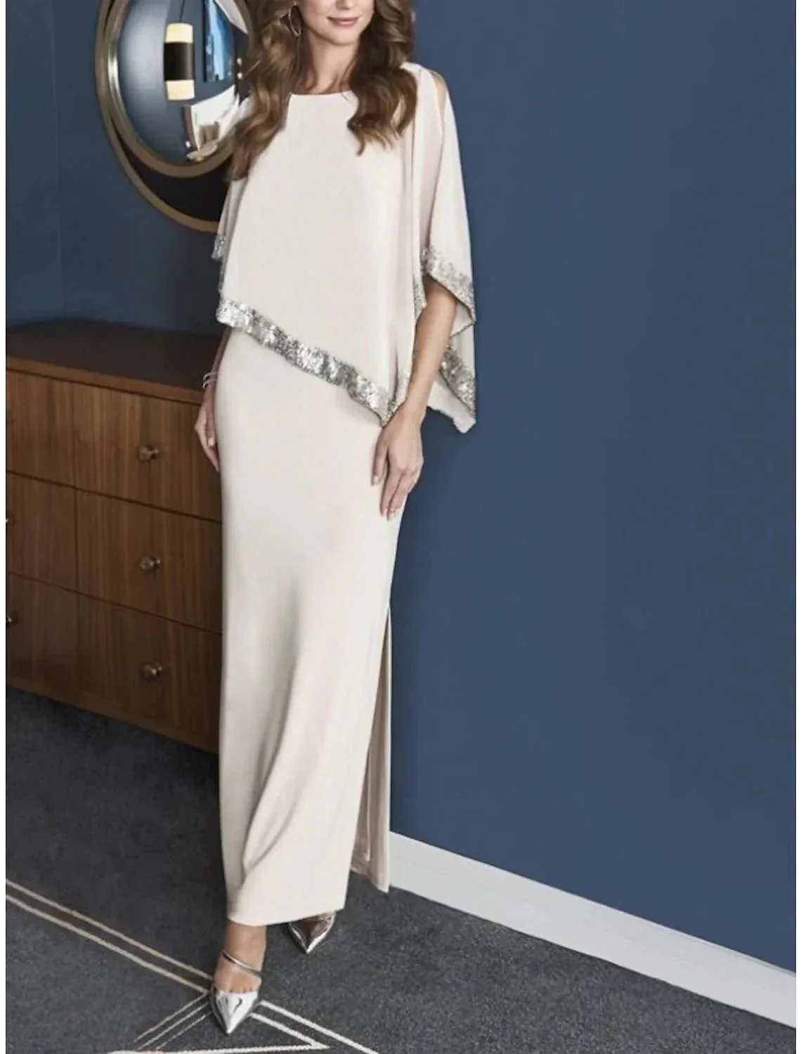 Sheath/Column Jewel Neck 3/4 Length Sleeves Ankle-Length Mother of the Bride Dresses - Image 3