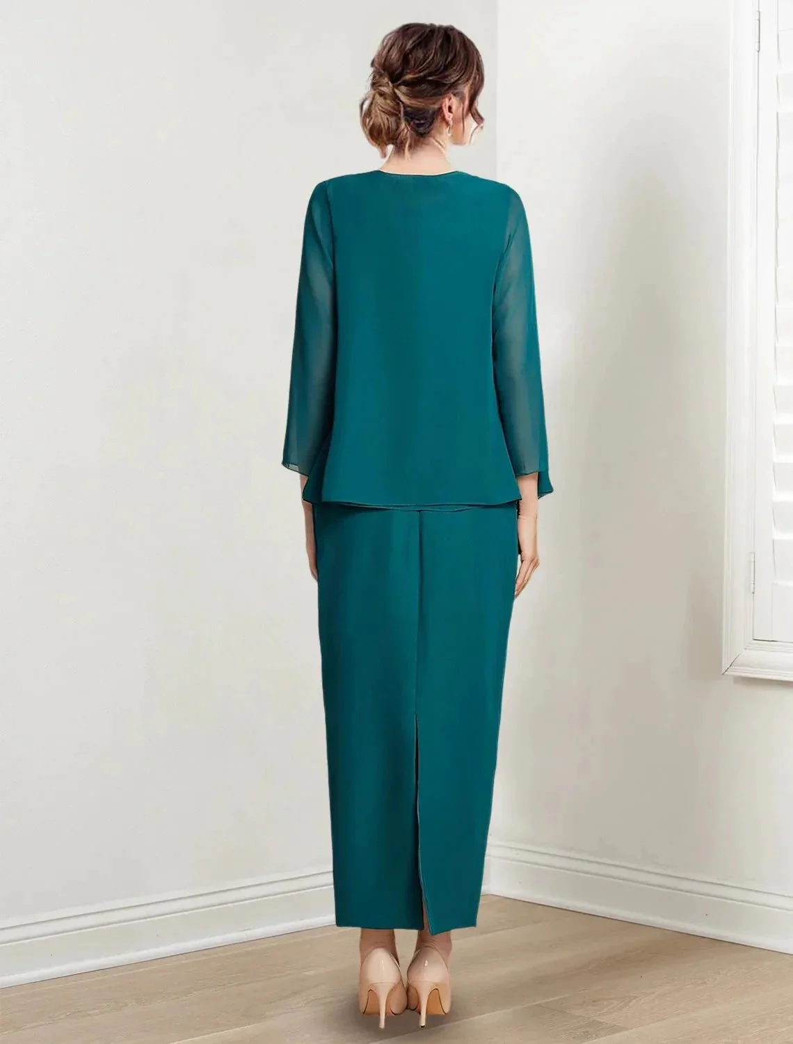 Sheath/Column Jewel Neck Ankle-Length Mother of the Bride Dresses - Image 2