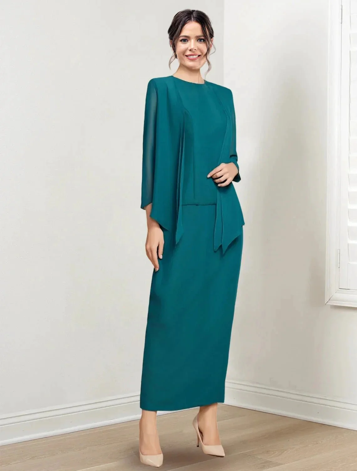 Sheath/Column Jewel Neck Ankle-Length Mother of the Bride Dresses - Image 3