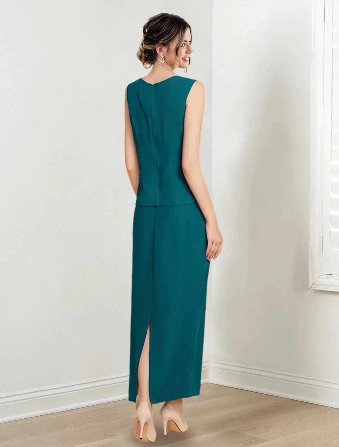 Sheath/Column Jewel Neck Ankle-Length Mother of the Bride Dresses - Image 4