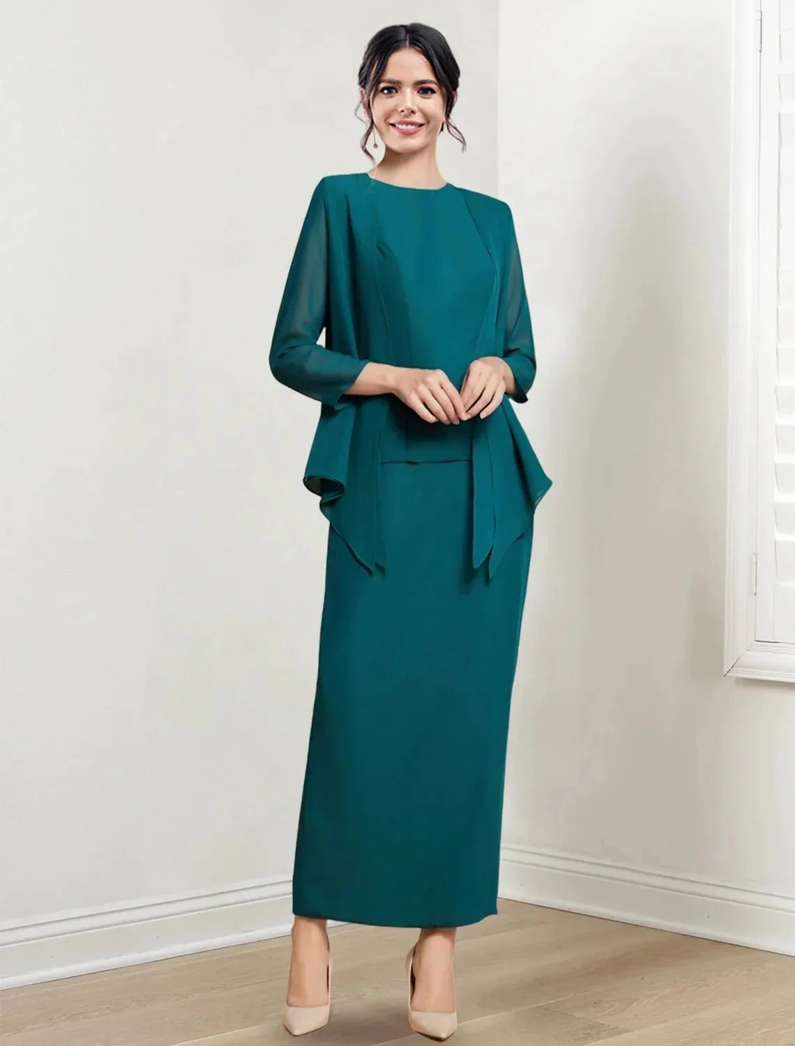 Sheath/Column Jewel Neck Ankle-Length Mother of the Bride Dresses - Image 6