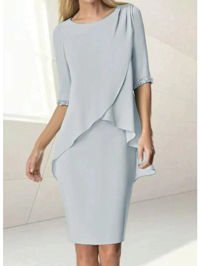 Sheath/Column Jewel Neck Knee-Length Half Sleeve Mother of the Bride Dresses with Beading Ruching - Image 11