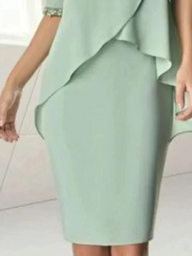 Sheath/Column Jewel Neck Knee-Length Half Sleeve Mother of the Bride Dresses with Beading Ruching - Image 2