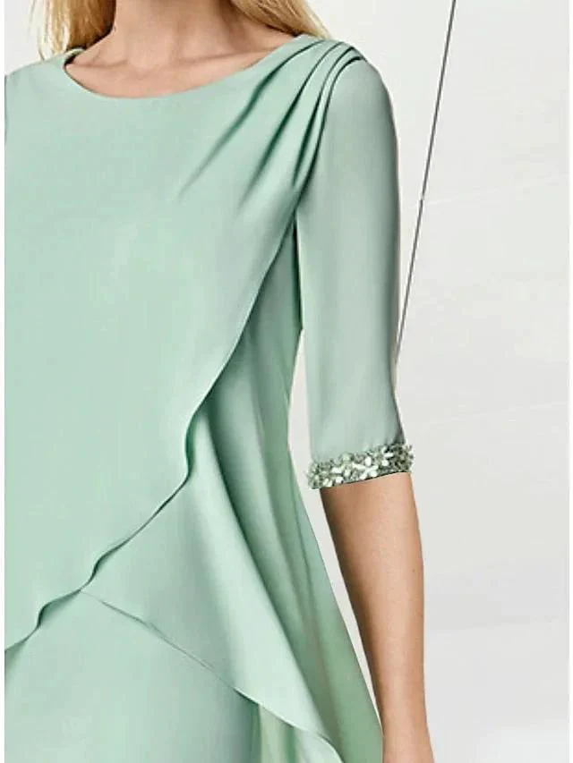 Sheath/Column Jewel Neck Knee-Length Half Sleeve Mother of the Bride Dresses with Beading Ruching - Image 3