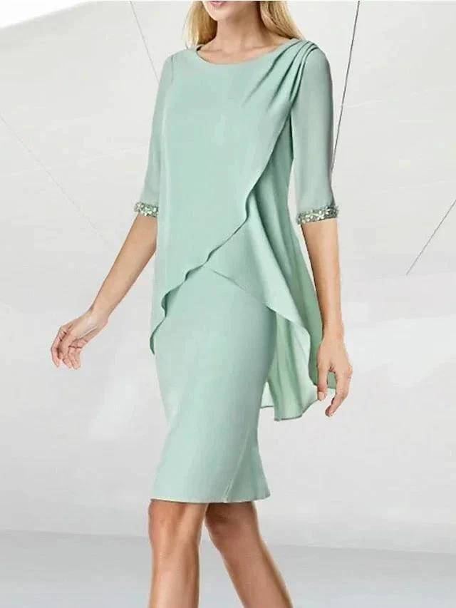 Sheath/Column Jewel Neck Knee-Length Half Sleeve Mother of the Bride Dresses with Beading Ruching - Image 4