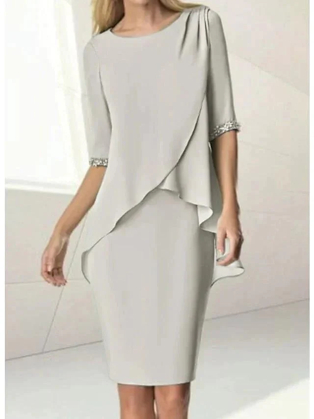 Sheath/Column Jewel Neck Knee-Length Half Sleeve Mother of the Bride Dresses with Beading Ruching - Image 6