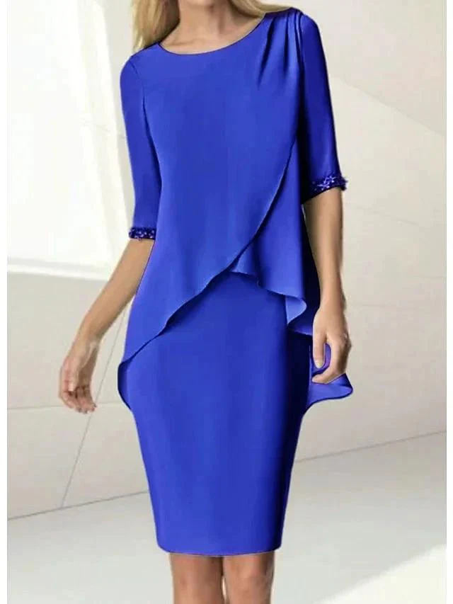 Sheath/Column Jewel Neck Knee-Length Half Sleeve Mother of the Bride Dresses with Beading Ruching - Image 8