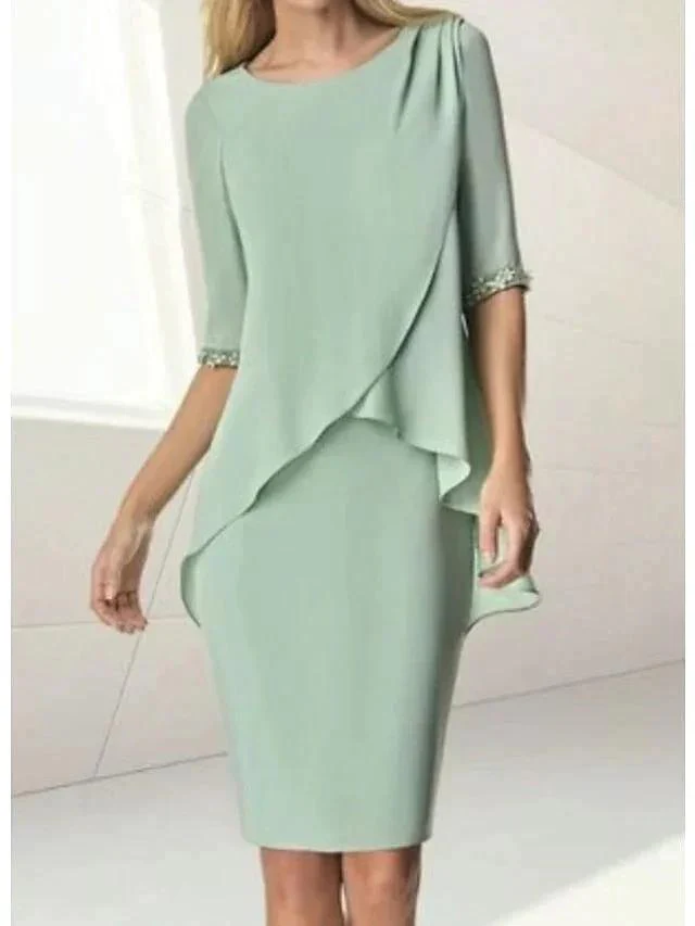 Sheath/Column Jewel Neck Knee-Length Half Sleeve Mother of the Bride Dresses with Beading Ruching - Image 9