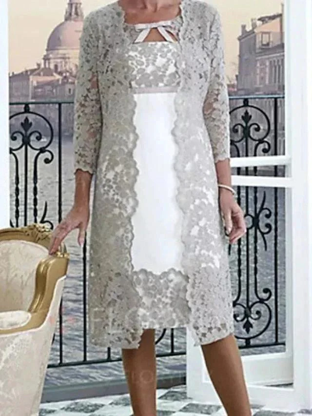 Sheath/Column Jewel Neck Knee-Length Mother of the Bride Dresses - Image 2