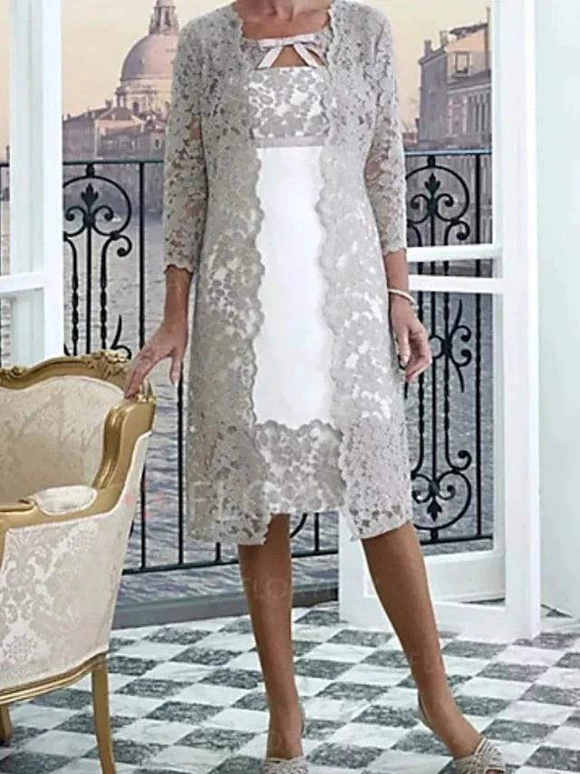 Sheath/Column Jewel Neck Knee-Length Mother of the Bride Dresses - Image 3