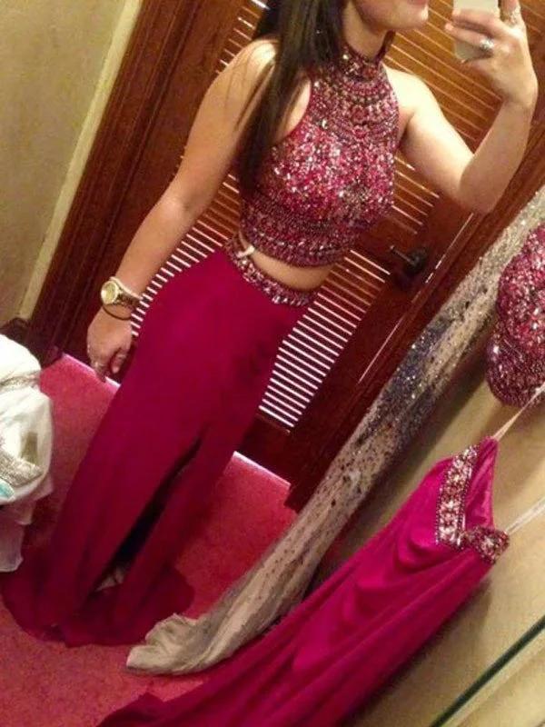 Sheath/Column Jewel Sleeveless Floor-Length Beading Chiffon Two Piece Prom Dresses - Image 2