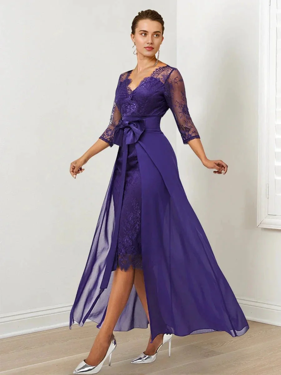 Sheath/Column Lace V-Neck Mother of the Bride Dresses with Watteau Train - Image 2