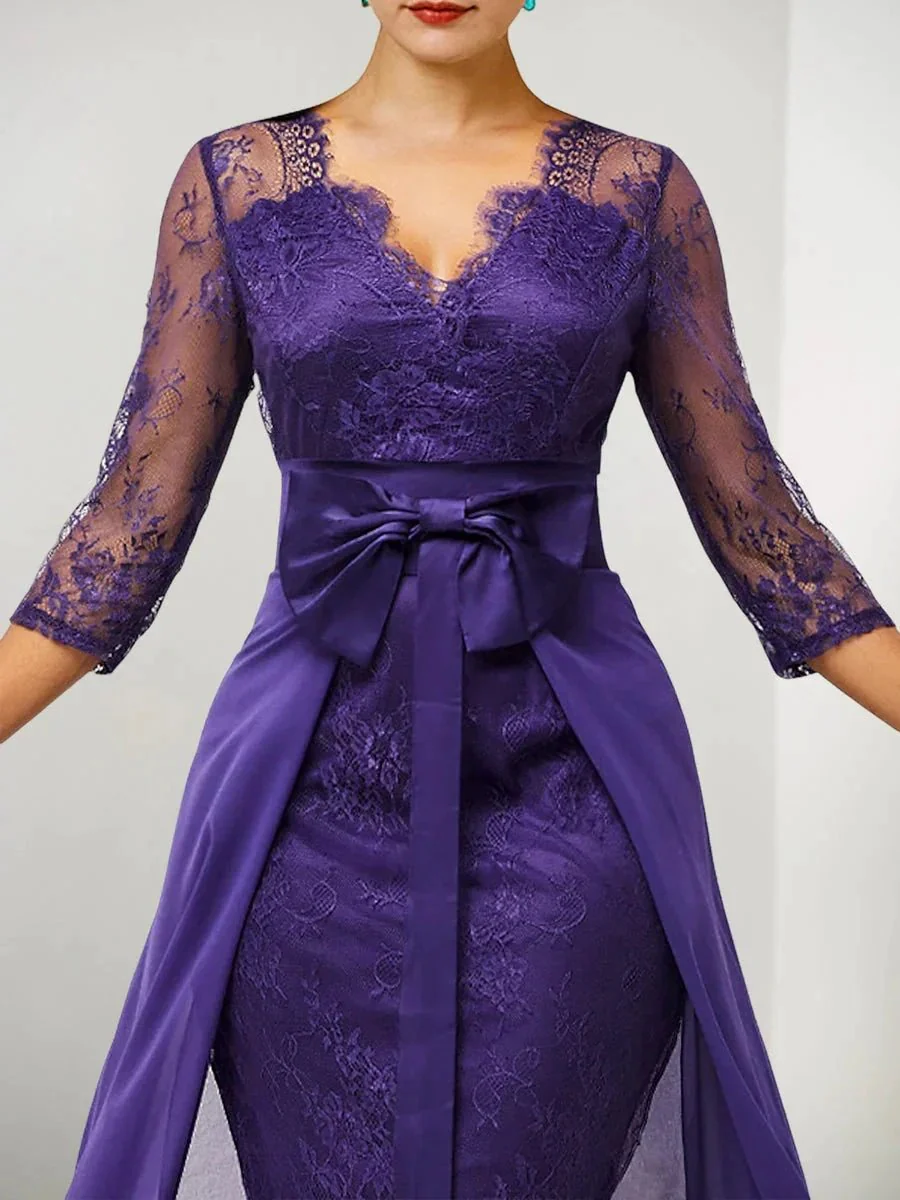 Sheath/Column Lace V-Neck Mother of the Bride Dresses with Watteau Train - Image 4
