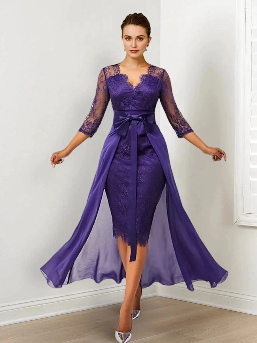 Sheath/Column Lace V-Neck Mother of the Bride Dresses with Watteau Train - Image 5