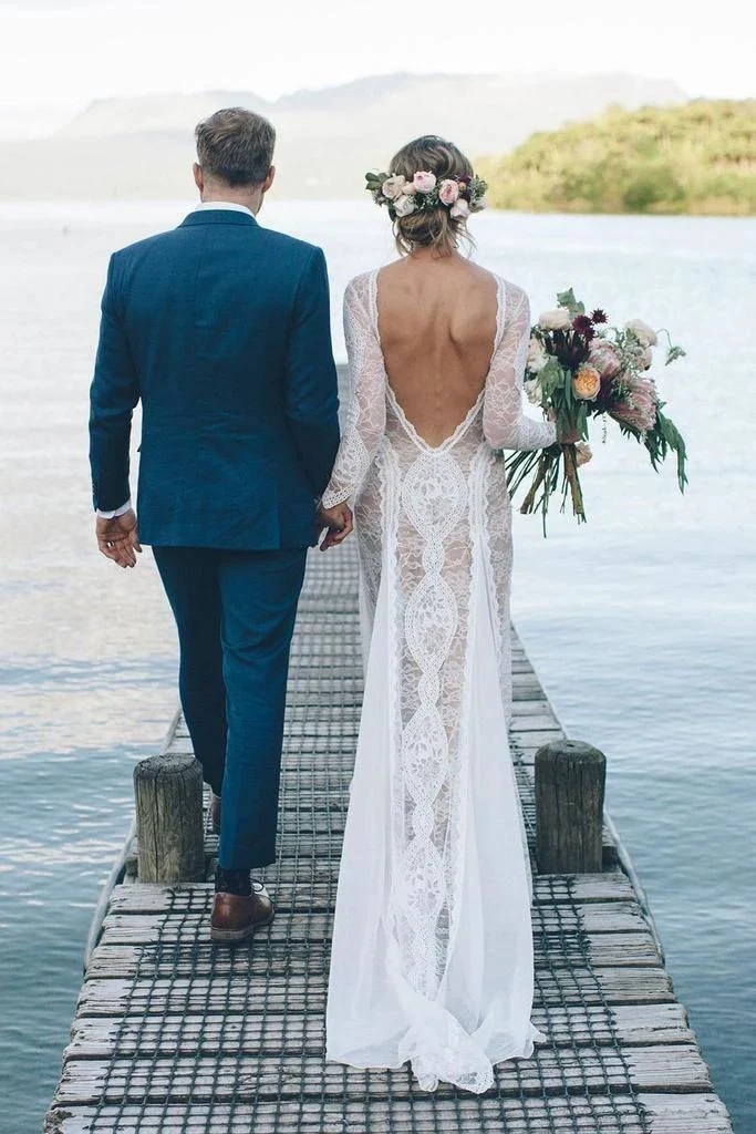 Sheath/Column  Lace Wedding Dress With Long Sleeve Open Back Bridal Gown  WD487 - Image 10
