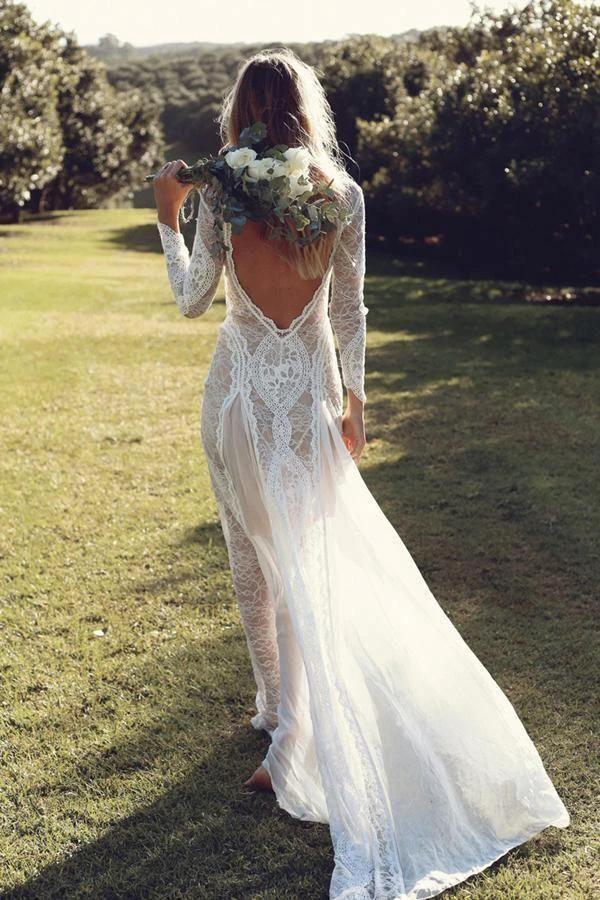 Sheath/Column  Lace Wedding Dress With Long Sleeve Open Back Bridal Gown  WD487 - Image 2