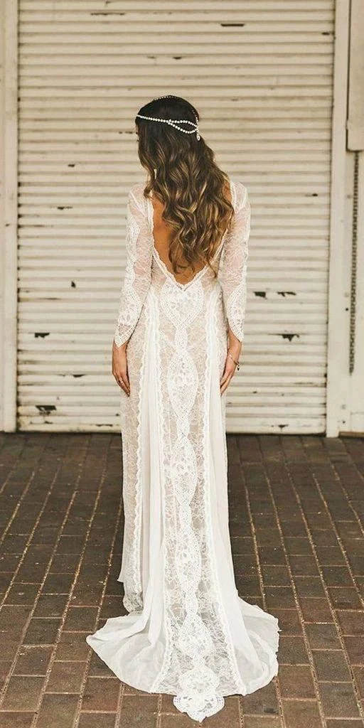 Sheath/Column  Lace Wedding Dress With Long Sleeve Open Back Bridal Gown  WD487 - Image 3