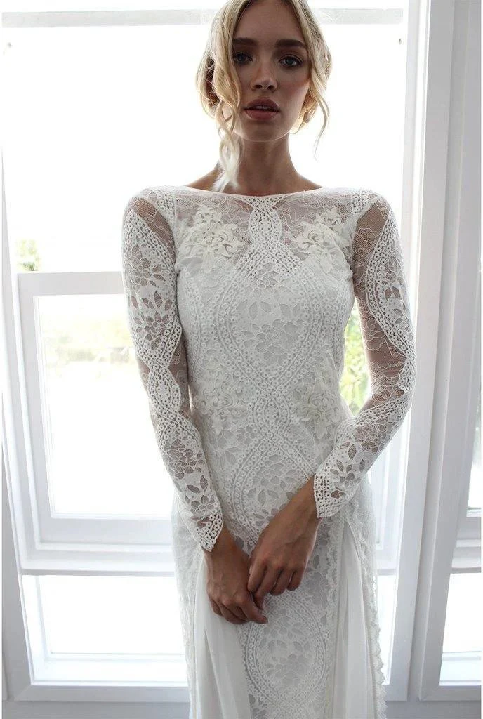 Sheath/Column  Lace Wedding Dress With Long Sleeve Open Back Bridal Gown  WD487 - Image 5