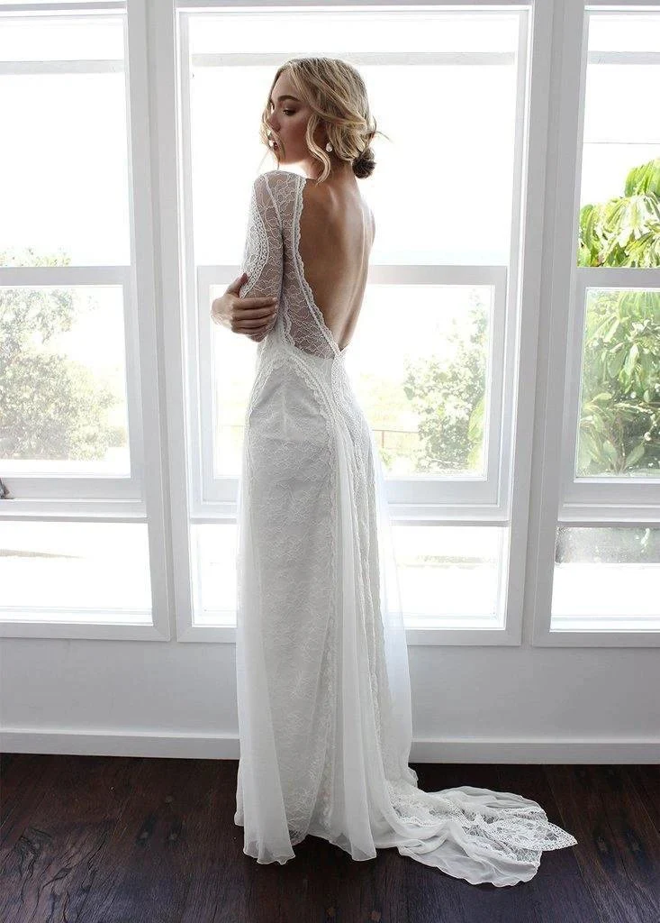 Sheath/Column  Lace Wedding Dress With Long Sleeve Open Back Bridal Gown  WD487 - Image 7