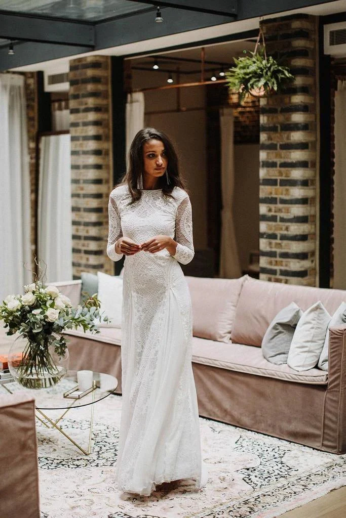 Sheath/Column  Lace Wedding Dress With Long Sleeve Open Back Bridal Gown  WD487 - Image 8