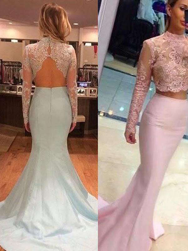 Sheath/Column Long Sleeves Lace High Neck Satin Two Piece Prom Dresses - Image 2