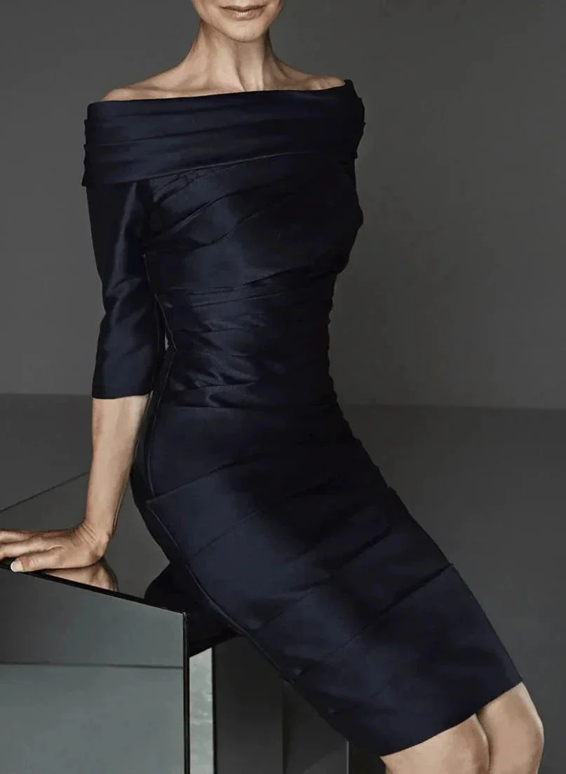 Sheath/Column Off-the-Shoulder Half Sleeves Knee-Length Satin Mother of the Bride Dresses - Image 3