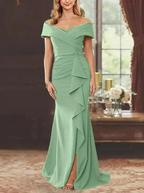 Sheath/Column Off-the-Shoulder Sleeveless Floor-Length Mother of the Bride Dresses With Ruffles - Image 10