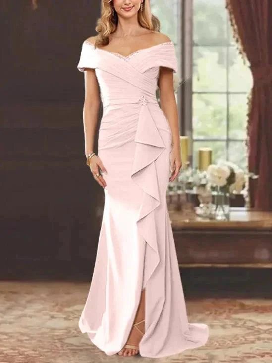 Sheath/Column Off-the-Shoulder Sleeveless Floor-Length Mother of the Bride Dresses With Ruffles - Image 11