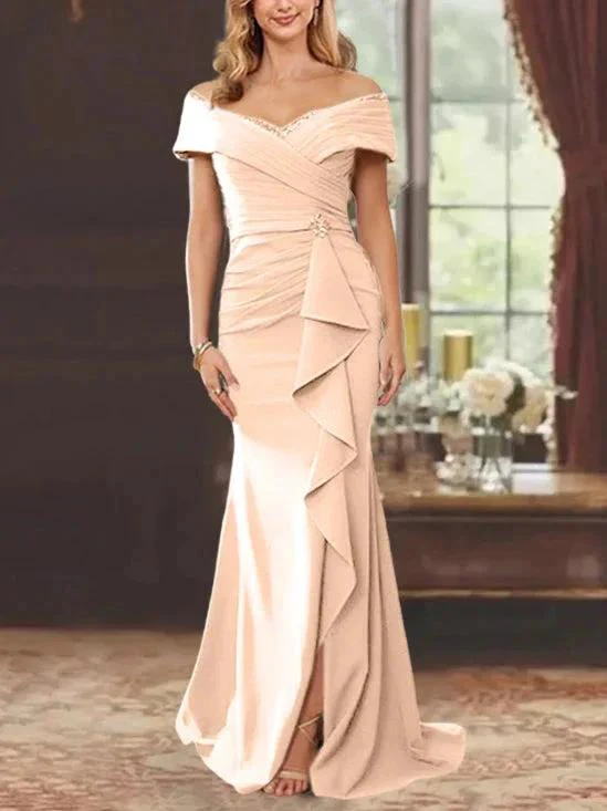 Sheath/Column Off-the-Shoulder Sleeveless Floor-Length Mother of the Bride Dresses With Ruffles - Image 12