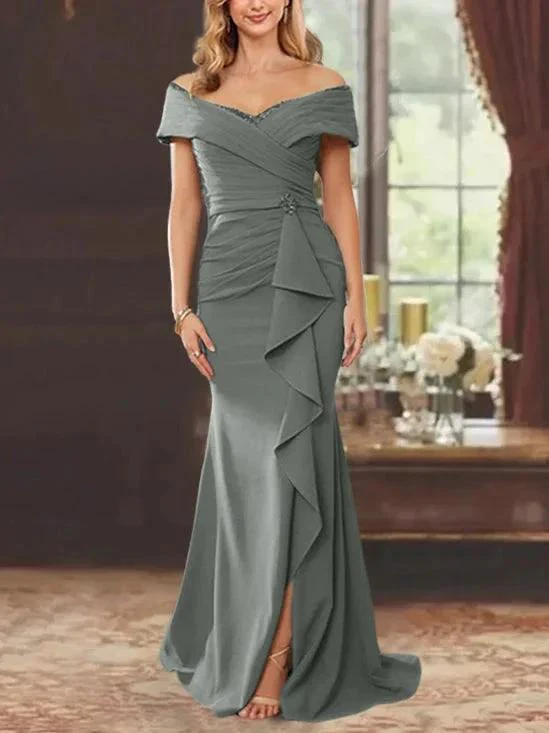 Sheath/Column Off-the-Shoulder Sleeveless Floor-Length Mother of the Bride Dresses With Ruffles - Image 13