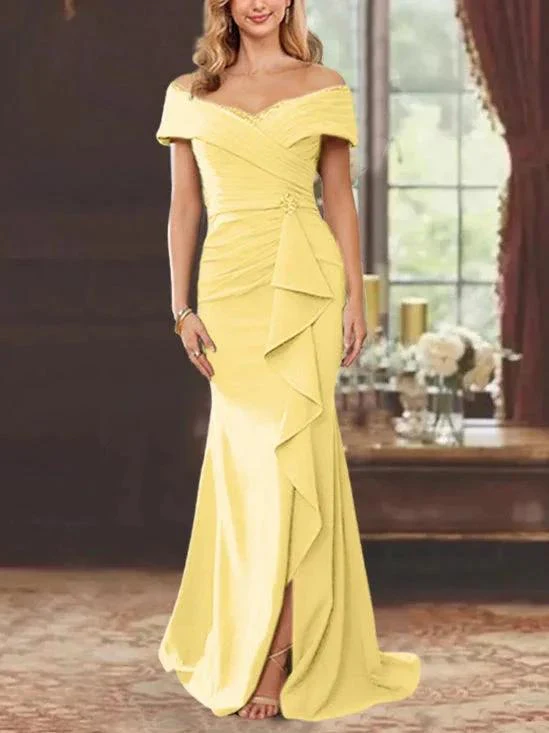 Sheath/Column Off-the-Shoulder Sleeveless Floor-Length Mother of the Bride Dresses With Ruffles - Image 15