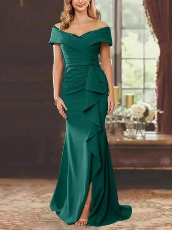 Sheath/Column Off-the-Shoulder Sleeveless Floor-Length Mother of the Bride Dresses With Ruffles - Image 16