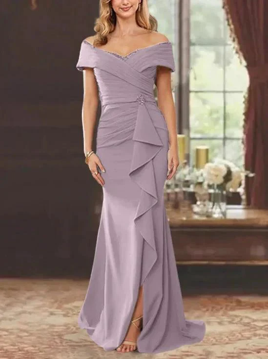 Sheath/Column Off-the-Shoulder Sleeveless Floor-Length Mother of the Bride Dresses With Ruffles - Image 17