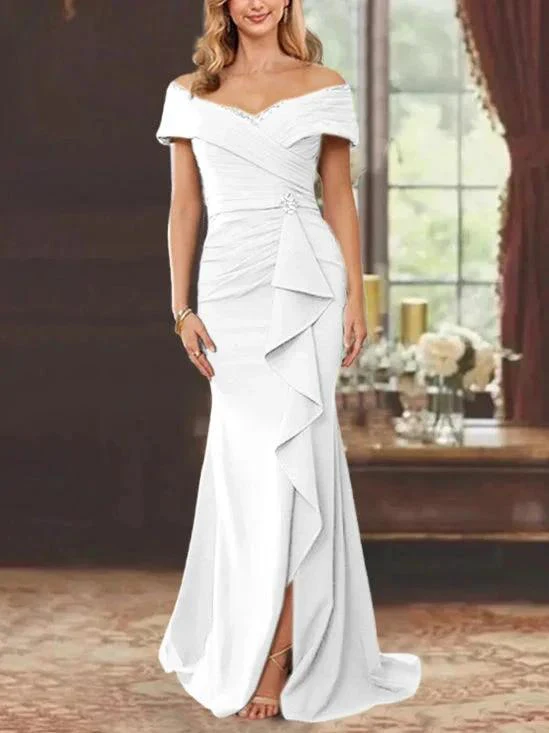 Sheath/Column Off-the-Shoulder Sleeveless Floor-Length Mother of the Bride Dresses With Ruffles - Image 18