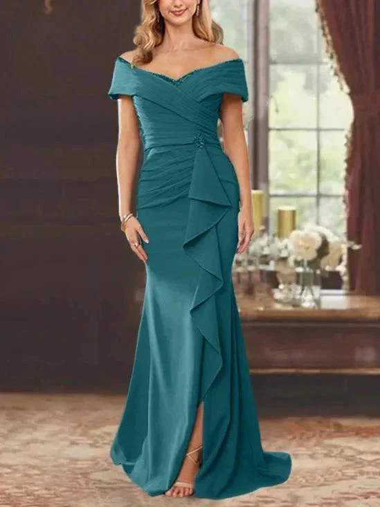 Sheath/Column Off-the-Shoulder Sleeveless Floor-Length Mother of the Bride Dresses With Ruffles - Image 19